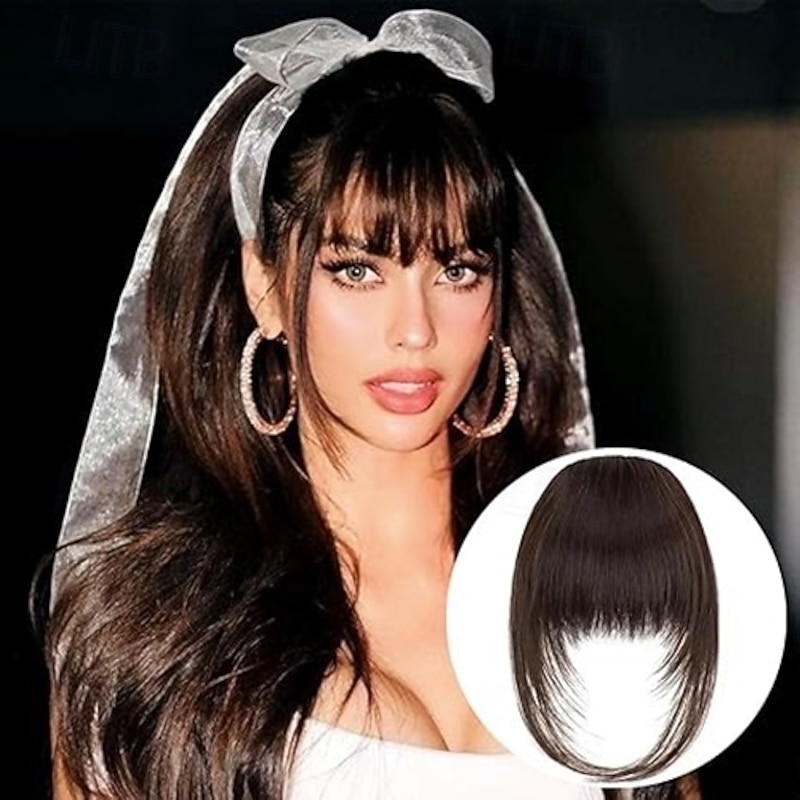 French Hair Bangs Clip on Long Wispy Bangs Hair Clip with Temples Natural Fringe Neat Bangs Hair Clip Hair Piece Long Bangs Clip in Hair Extensions for Women4