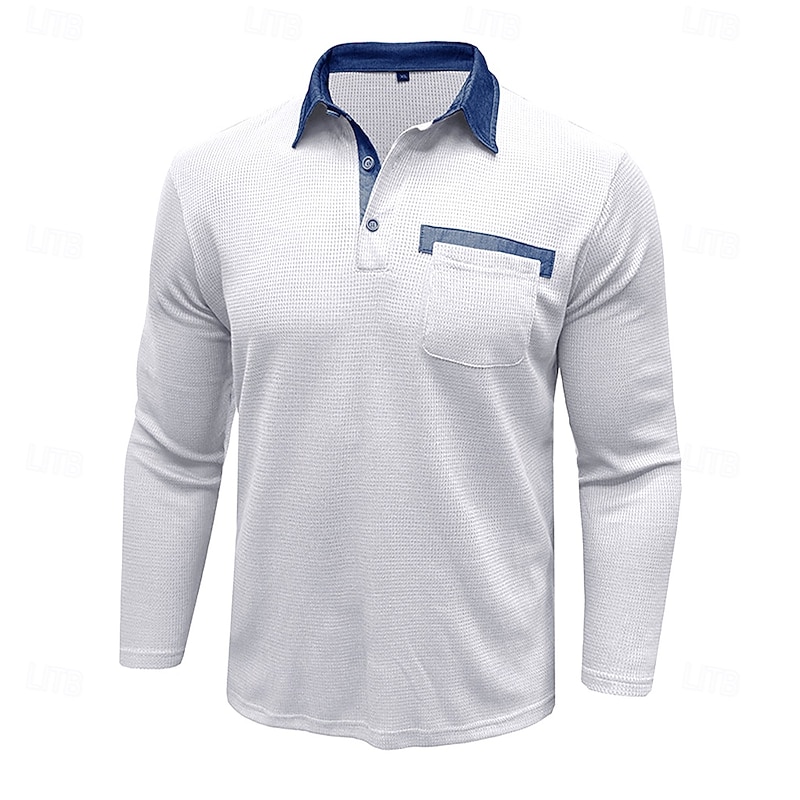 Men's Waffle Polo Shirts Polo Shirts Formal Street Lapel Classic Long Sleeve Fashion Basic Solid Color Buttons Spring &  Fall Black Turquoise White Burgundy Navy Blue Royal Blue Waffle Polo Shirts3