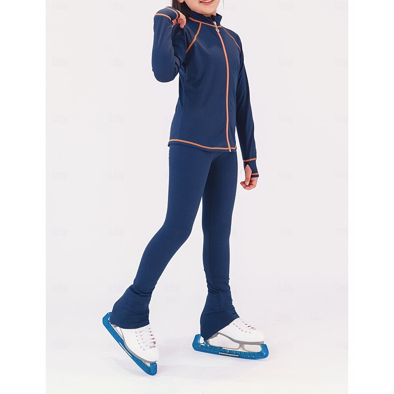 Figure Skating Fleece Jacket Figure Skating Pants Figure Skating Jacket with Pants Women's Girls' Ice Skating Jacket Tights Outfits Dark Navy Patchwork Thumbhole Spandex Stretchy Training Practice