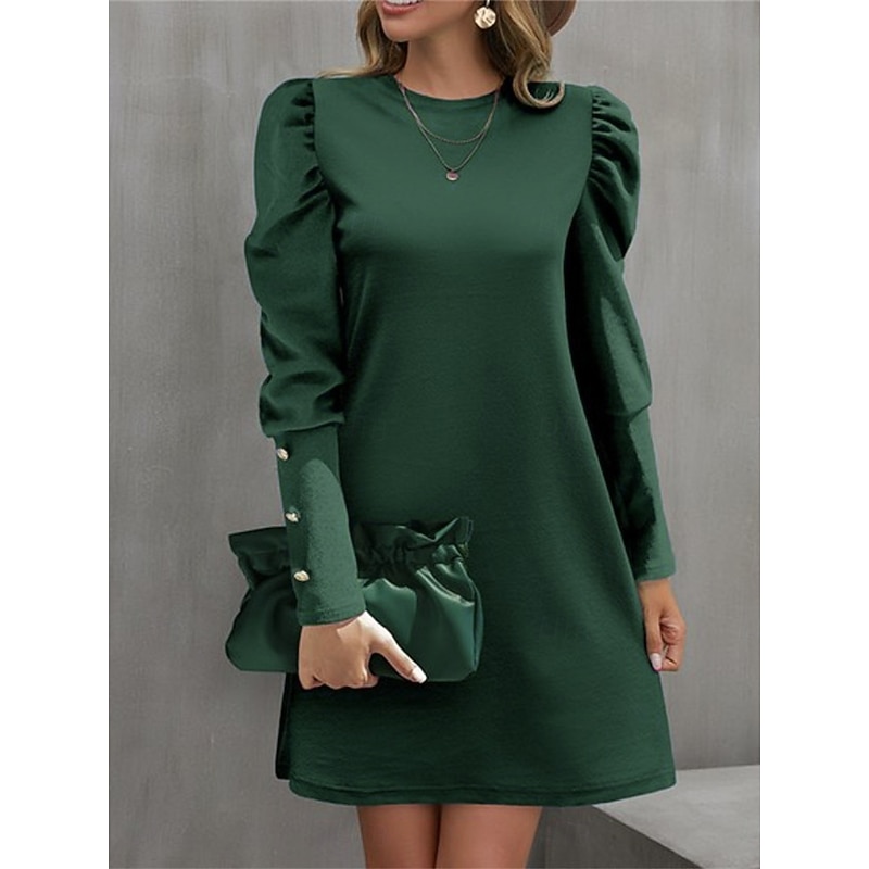 Women's Casual Dress Mini Dress Ruched Button Casual Crew Neck Long Sleeve Black Red Green Color 5