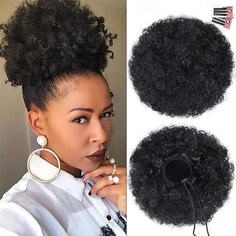 Afro Puff Clip On Synthetic Ponytail Extension for Black Women Short Kinky Bun for Natural Hair3