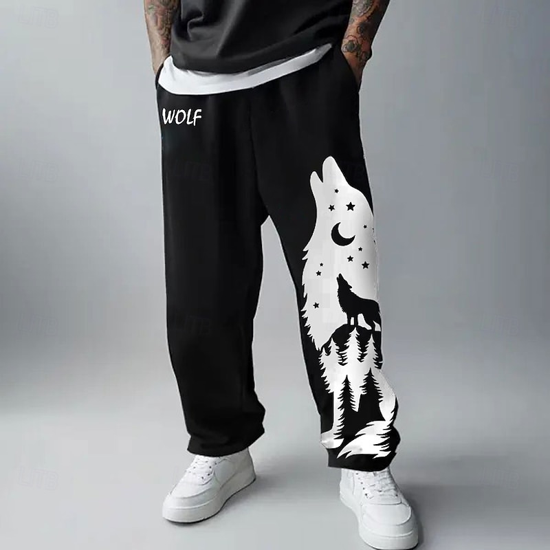 Men's Wolf Sweatpants Joggers Drawstring Elastic Waist Sporty Casual Outdoor Home Street Pocket Straight Leg Trousers Spring Fall Winter 3D Print Black