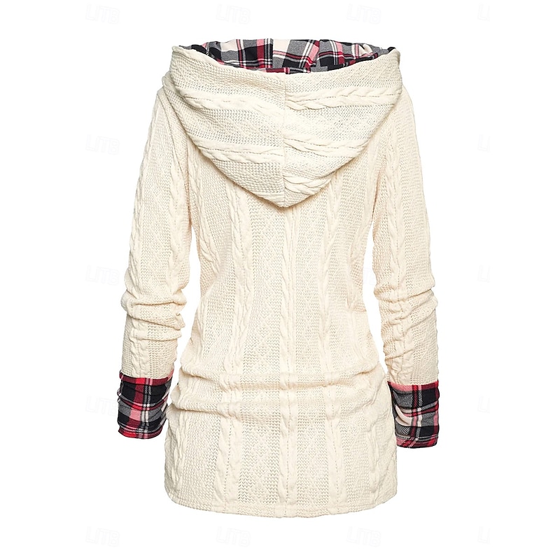 Women's Sweater Pullover Sweater Jumper Casual Soft Plaid Ribbed Hooded Patchwork Knitted Long Sleeve Regular Tops Knit Outdoor Daily Weekend Wine Beige Fall Winter3