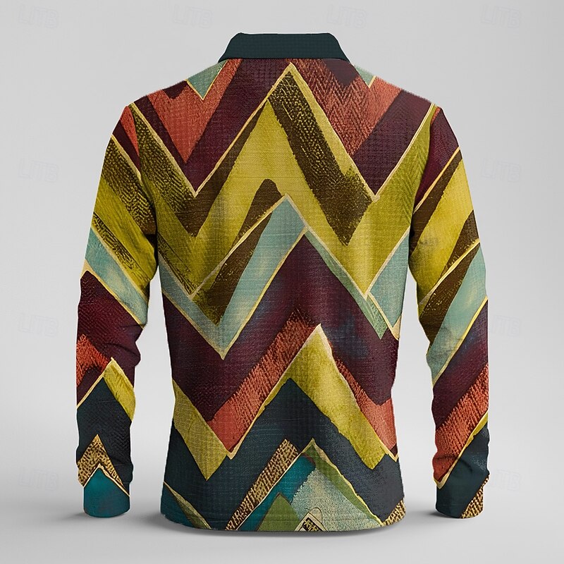 Men's Geometric Waffle Polo Shirts Long Sleeve Polo Shirts Collar Vintage Casual Vacation Party Evening Wear Dailywear Buttons 3D Print Spring Fall Winter Yellow2