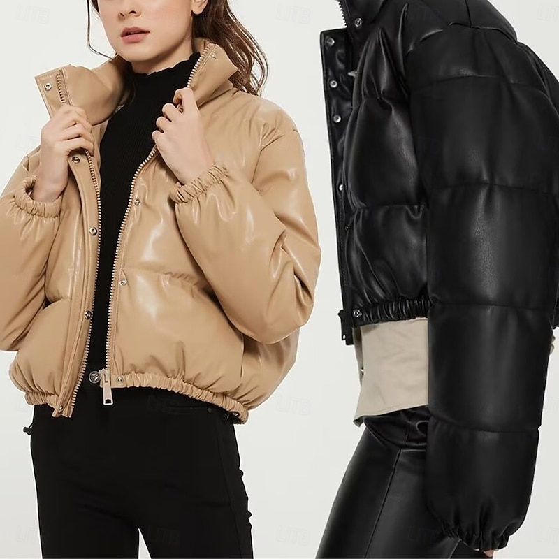 Women's Puffer Jacket Warm Breathable Zipper Pocket Casual Plain Vacation Street Daily Wear Going out Zipper Short Stand Collar Regular Fit Long Sleeve Outerwear Black White Green Fall Winter