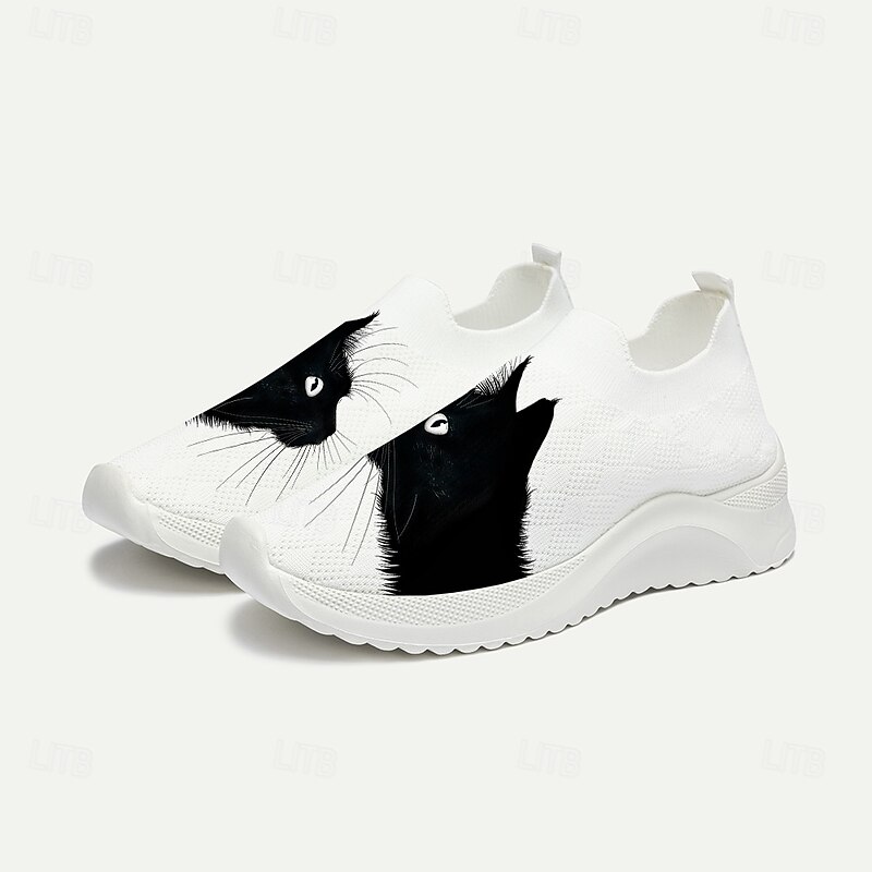 Women's White Slip-On Sneakers with Black Cat Print - Breathable Flyknit Casual Shoes for Everyday Comfort and Style4