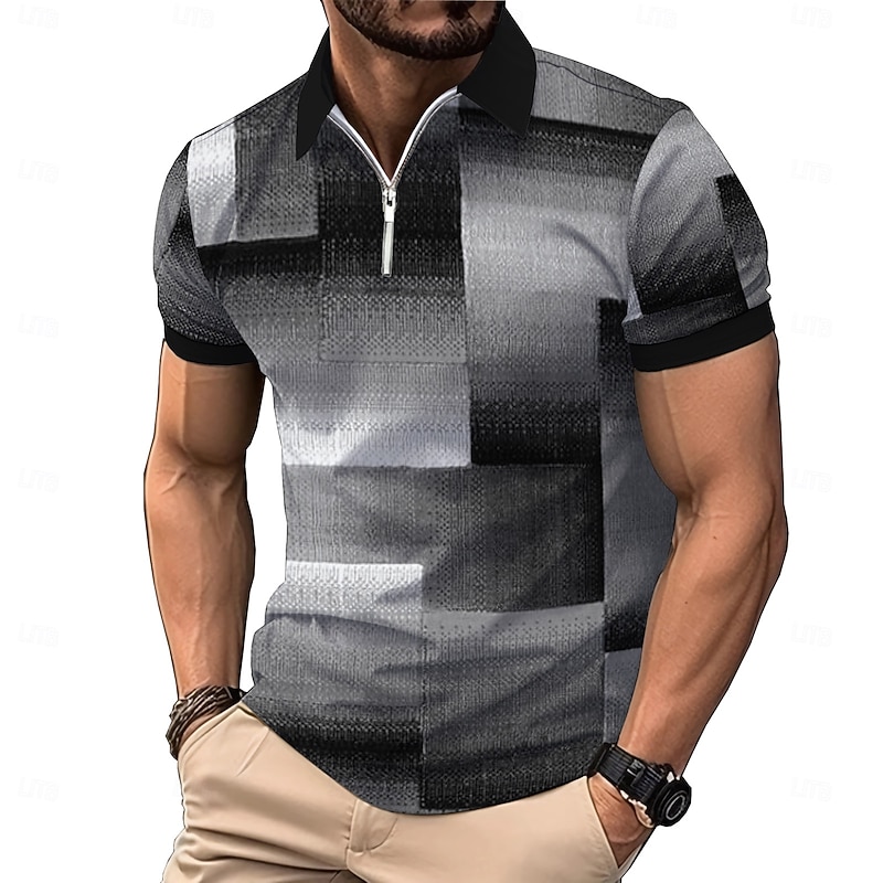 Men's Plaid Zip Polo Shirts Golf Shirt Short Sleeve Polo Shirts Collared Shirts Vintage Casual Vacation Wear Formal Wear Festival Wear 3D Print Quarter Zip Polo Summer Spring Black Red Blue3