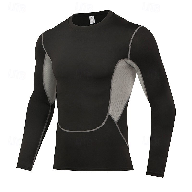 Men's Running T-Shirt Compression Shirt Long Sleeve Tee Tshirt Casual Athleisure Fall Color Block Quick Dry Breathable Gym Workout Walking Jogging Sportswear Activewear Black+Gray