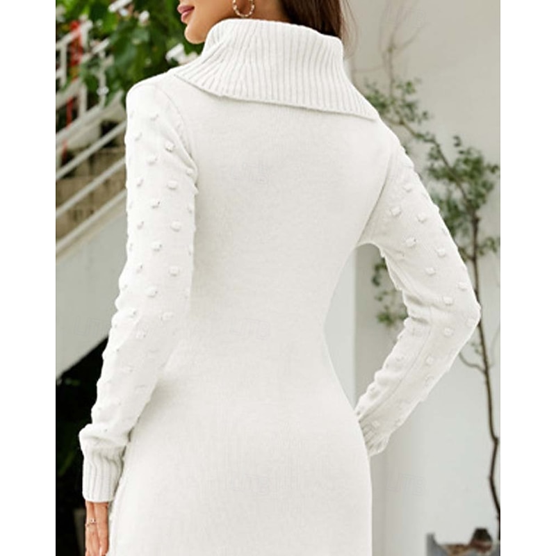 Ugly Sweater Dress Cowl Neck Knitted Textured Fall Winter Work Elegant Fashion Daily Long Sleeve Solid Color White Green2