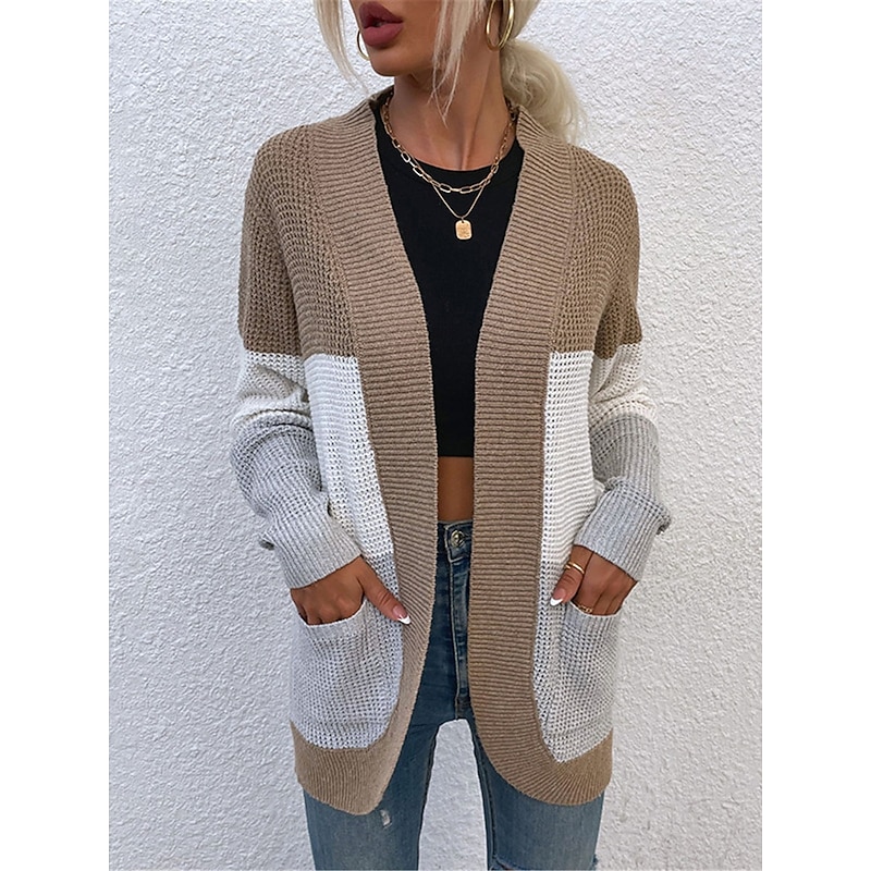 Women's Sweater Cardigan Casual Soft Color Block Ribbed Open Front Pocket Knitted Long Sleeve Regular Tops Knit Outdoor Daily Weekend Blue Khaki Fall Winter2