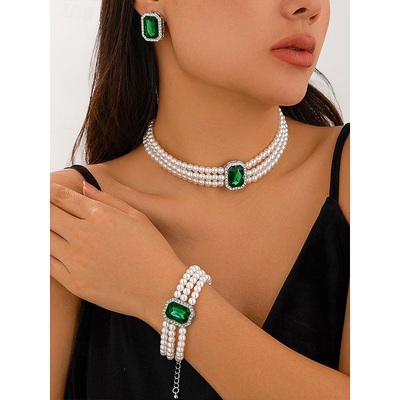 Elegant Women's Pearl Choker Necklace Set with Green Gemstone and Matching Bracelet & Earrings – Formal Occasion Jewelry3