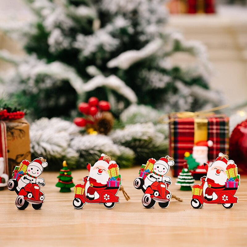 Christmas Wooden Gnome Ornaments Set, 4-Grid Cartoon Print Wooden Box with Santa and Gnome Decorations, Xmas Tree Hanging Decor4