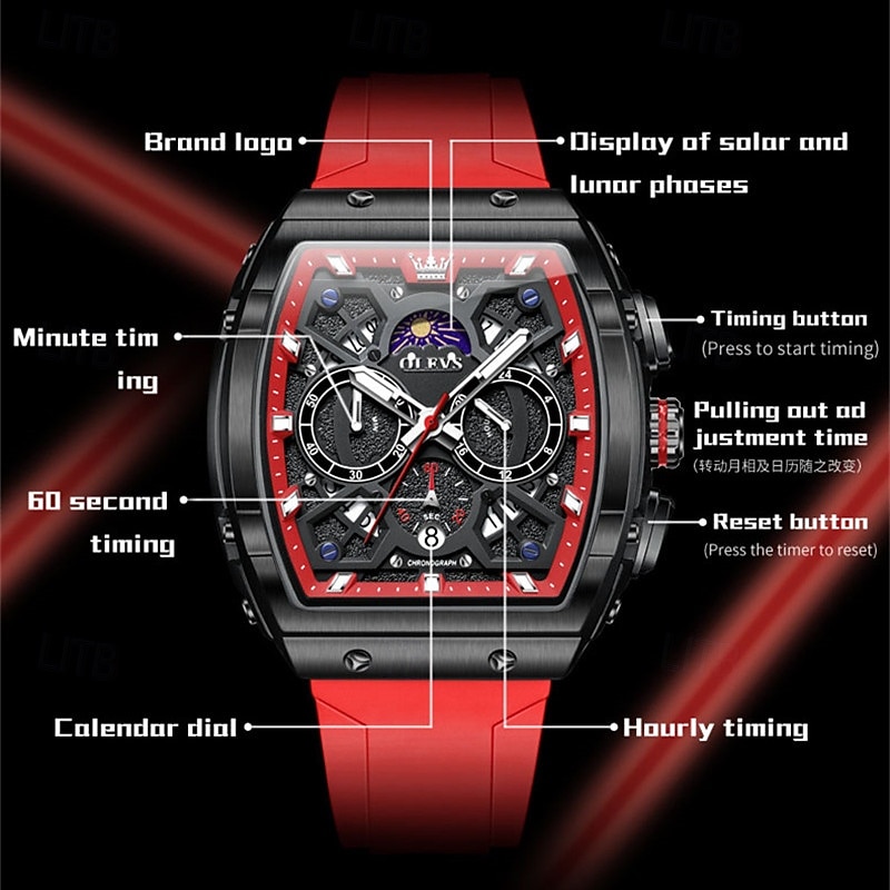 New Olevs Olevs Brand Fashion Trend Men'S Watches Decorative Luminous Calendar Small Three-Hand Tonneau-Shaped Dial Multifunction Quartz Watch Casual Waterproof Sports Men'S Wristwatch3