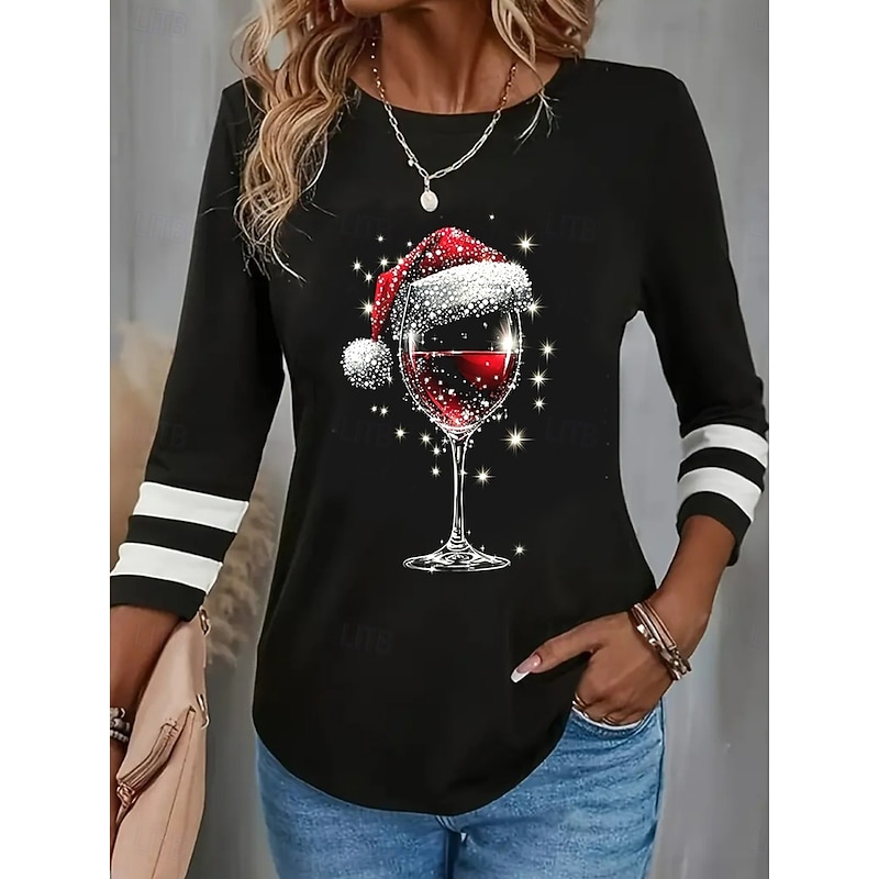 Women's Shirt Blouse Wine Glass Casual Long Sleeve Crew Neck Regular Tops Christmas Daily Patchwork Black Wine Blue Green Fall Winter