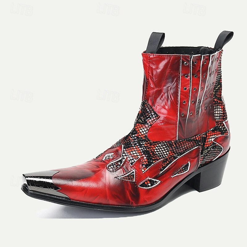 Men's Red Snakeskin Leather Motorcycle Boots–Western Style Studded Pointed Toe Ankle Boots with Gold Tip Flame Cut-Out Design for Bold Fashion2