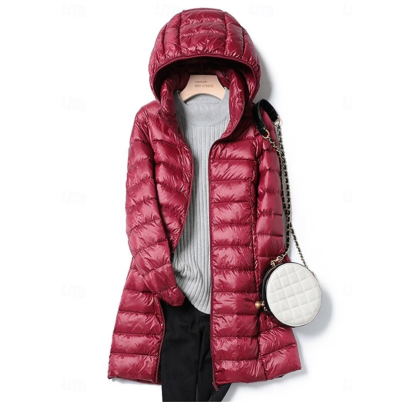 Women's Puffer Jacket Warm Breathable Zipper Pocket Casual Plain Vacation Street Daily Wear Going out Zipper Long Hoodie Regular Fit Long Sleeve Outerwear Wine Red Fuchsia Fall Winter3