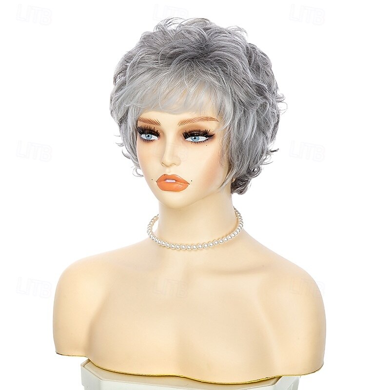 Short Curly Silver Gray Wigs for White Women Heat Resistant Natural Synthetic Hair Old Ladies Daily Cosplay Full Wigs4