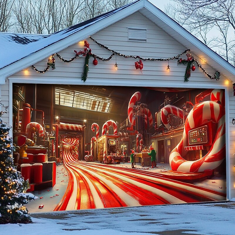 Christmas Door Decorations Garage Door Cover Xmas Candy Canes Gifts Gingerbread Outdoor Banner Large Christmas Backdrop for Holiday Outdoor Garage Door Home Wall Decorations 16