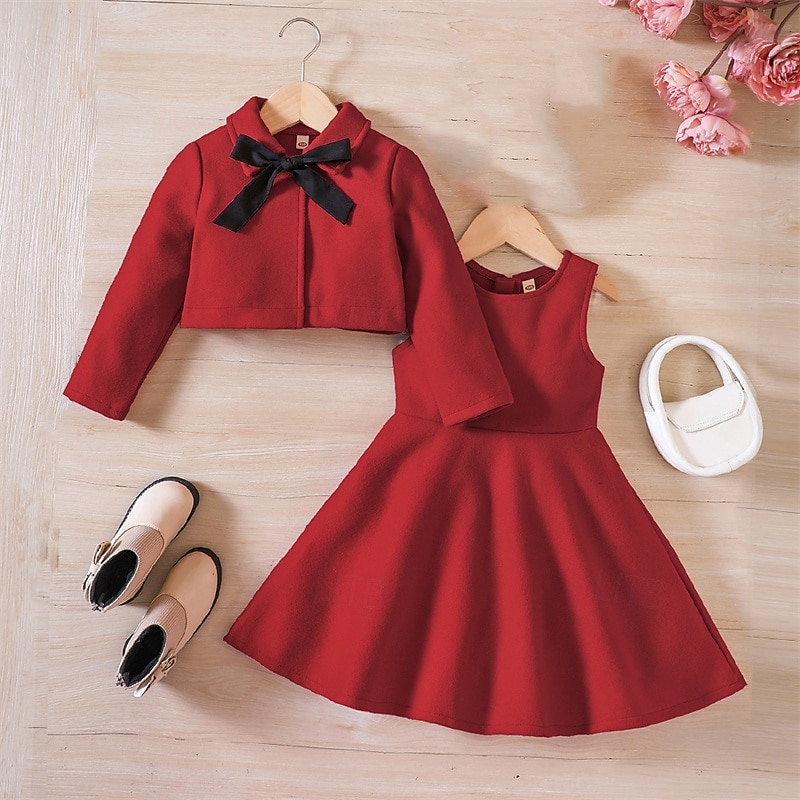 Kids Girls' Dress Solid Color Long Sleeve Outdoor Casual Elegant Fashion Daily Polyester Knee-length Casual Dress Dress Set Fall Winter 4 years+ Red