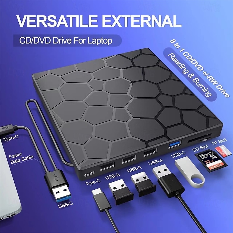 External CD/DVD Drive for Laptop, DVD Player for Laptop 8 in 1 USB 3.0 Ultra-Slim Portable CD Burner External Disk Drive Optical Compatible with Laptop Desktop