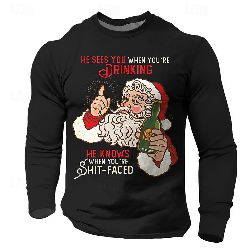Christmas Men's Santa Claus T Shirt Long Sleeve T shirt 3D Print Crew Neck Shirt Daily Designer Festival Party Street Casual Black Burgundy Blue Summer Spring Fall Clothing Apparel S M L XL XXL XXXL4