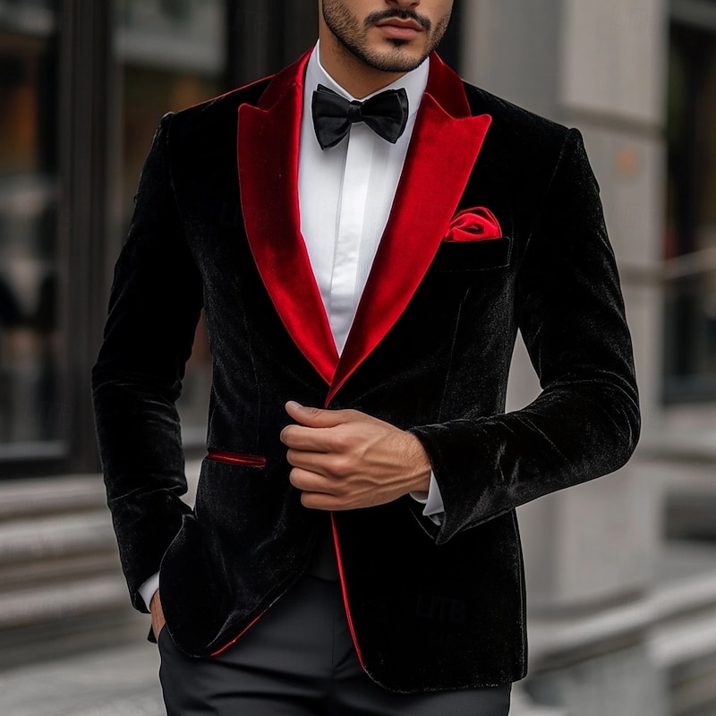 Men's Blazer Jacket Tuxedo Closure collar Christmas Party Casual Solid Colored Blazer Black Red Standard Fit Single Breasted One-button