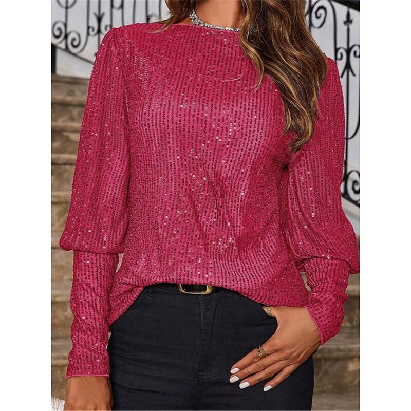 Women's Shirt Blouse Basic Casual Sequins Long Sleeve Regular Tops Crew Neck Daily Red Fuchsia Fall Winter4