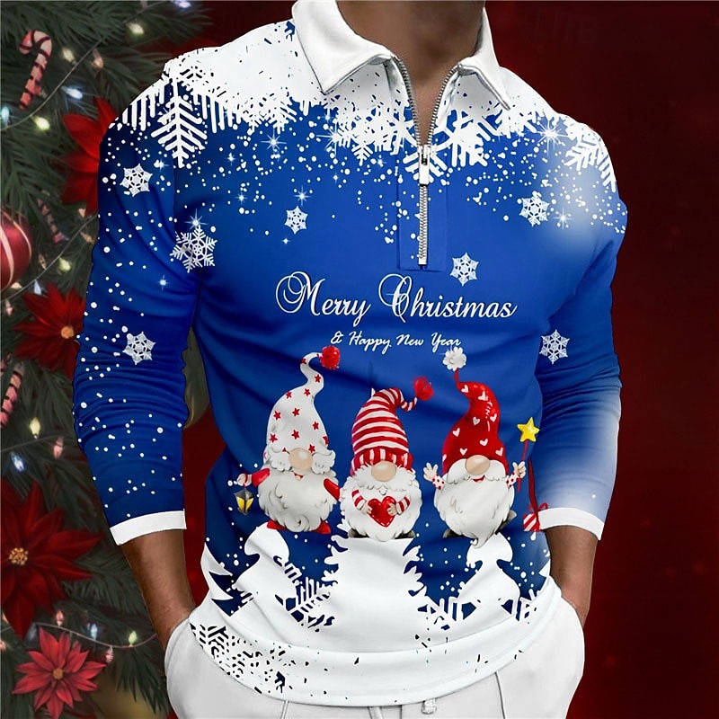 Christmas Men's Christmas Scene 3D Zipper Polo Santa Claus Snowflake Casual Print 3D Zip Golf Outdoor Casual Daily Streetwear Polyester Long Sleeve Turndown Zip Shirts Blue Fall & Winter S M L Lapel
