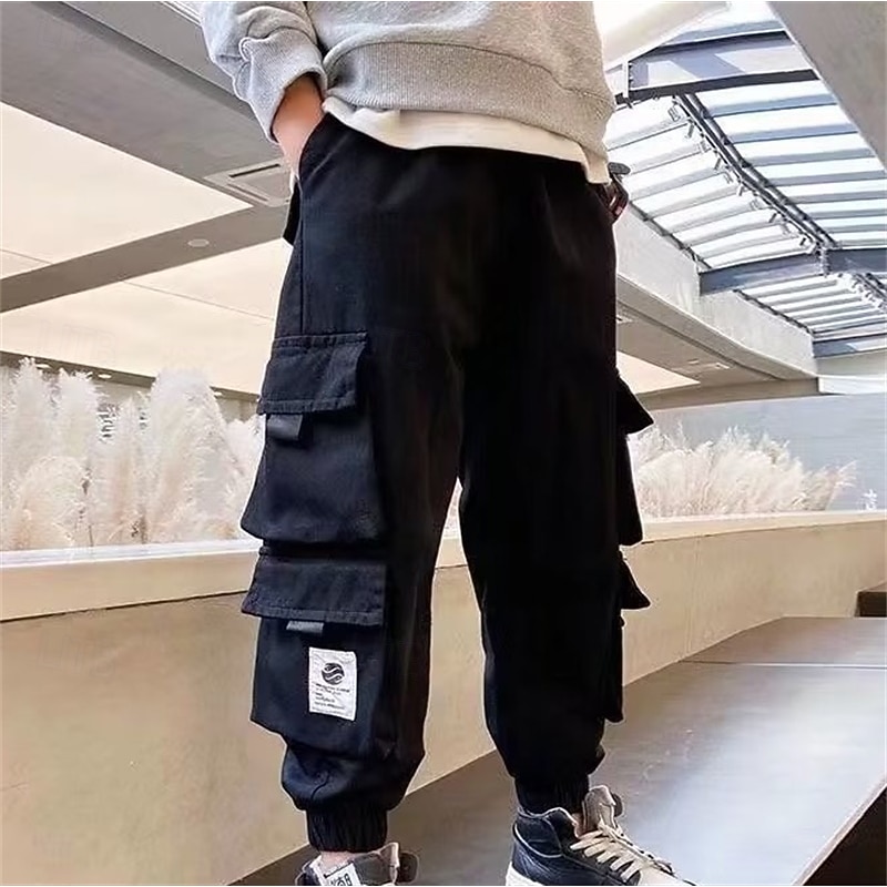 Kids Boys Pants Trousers Patchwork Pocket Solid Color Breathable Soft Comfort Pants Outdoor Daily Basic Black Green Mid Waist4