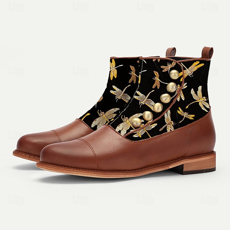 Men's Victorian Faux Leather Ankle Boots with Embroidered Dragonfly Jacquard Fabric and Gold Button Accents – Vintage-Inspired Dress Boots2