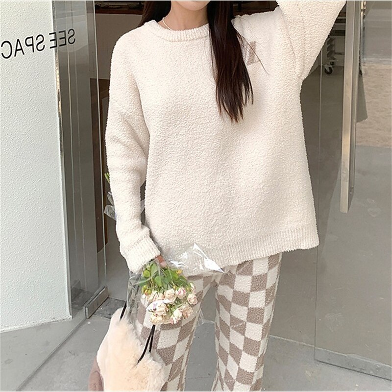 Women's Pajamas Loungewear 2 Pieces Graphic Warm Comfort Home Daily Fleece Warm Breathable Crew Neck Long Sleeve Pullover Pant Fall Winter Home Outfits3