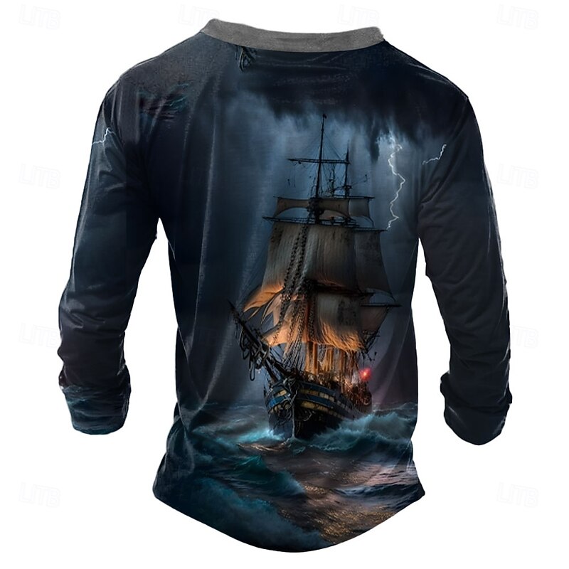 Men's Ship T Shirt Henley Shirt Long Sleeve 3D Print Retro Vintage Casual Vacation Daily Going out Summer Dark Blue Dark Gray Henley Henley T-Shirt2