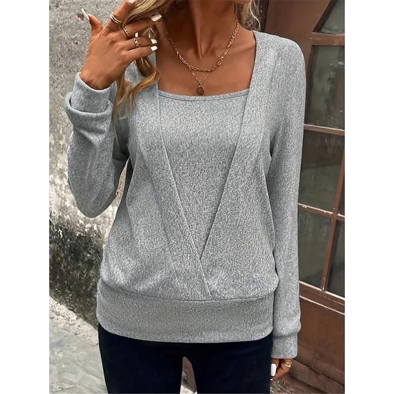 Women's Shirt Blouse Solid Color Basic Casual Long Sleeve Crew Neck Regular Tops Daily Patchwork Buttons Silver Black Fall Winter3