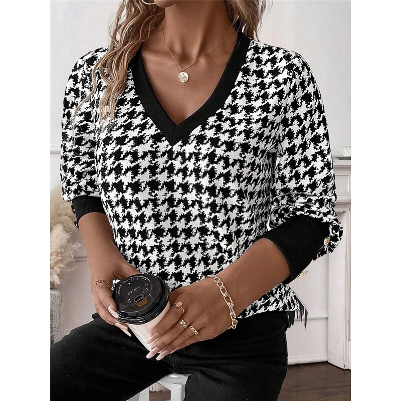 Women's T Shirt Plaid Fashion Modern Casual Long Sleeve V Neck Regular Tops Daily Weekend Black Fall Winter3