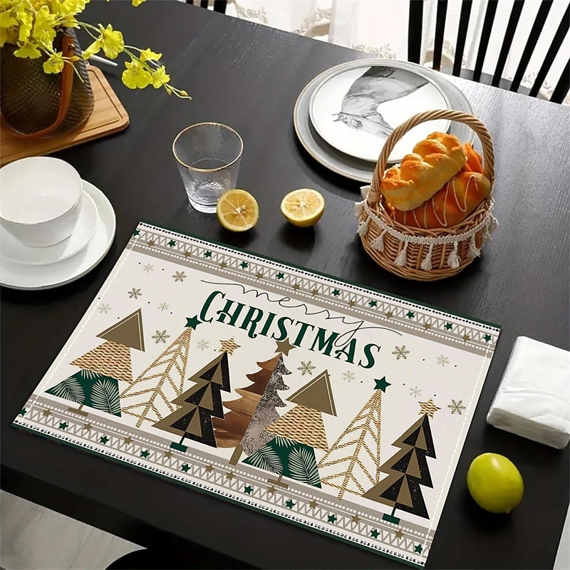 4pcs Christmas Linen Placemats, Christmas Tree and Bell Print with Red Striped Checkered Design, Insulated Table Mats for Holiday Party Décor