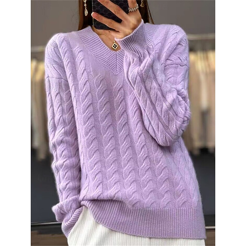 Women's Sweater Pullover Sweater Jumper Casual Soft Pure Color Cable V Neck Knitted Long Sleeve Regular Tops Knit Outdoor Daily Weekend Camel Purple Fall Winter