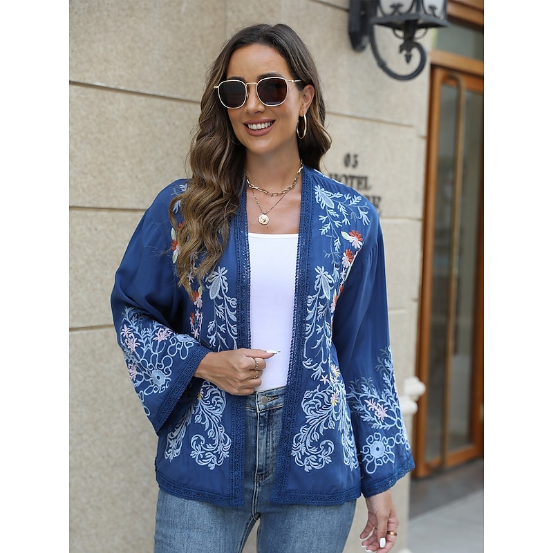 Women's Boho Shirt Shrugs Floral Flower Casual Boho Long Sleeve Bell Sleeve Asymmetrical Regular Tops Valentine's Day Work Daily Embroidered Blue All Seasons
