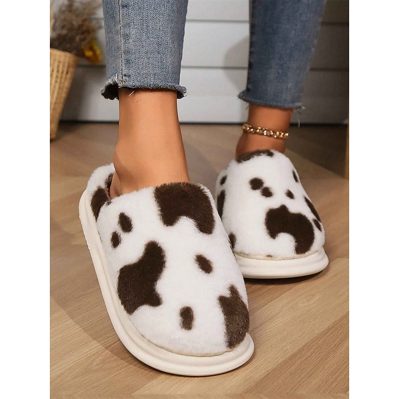Cow Print Plush Slippers for Women - Fuzzy Faux Fur Indoor House Shoes with Soft Memory Foam for Cozy Comfort 18
