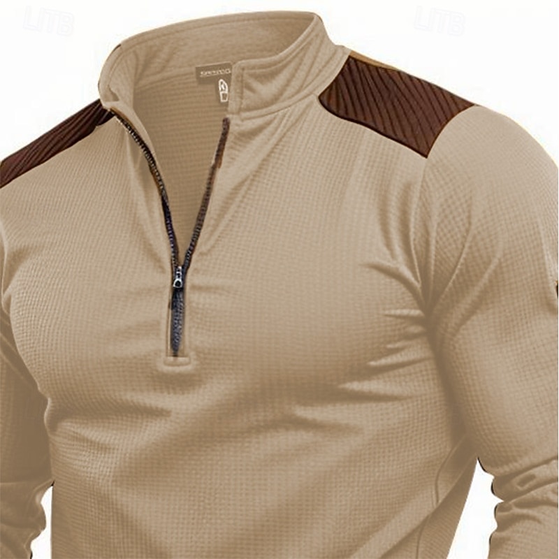 Men's T Shirt Waffle Knit Tee Quarter Zip Tee Long Sleeve Stand Collar Quarter Zip Spring Fall Spring &  Fall Solid Color Knitwear Vintage Daily Patchwork Pocket Outdoor Causal Casual Dark Brown4