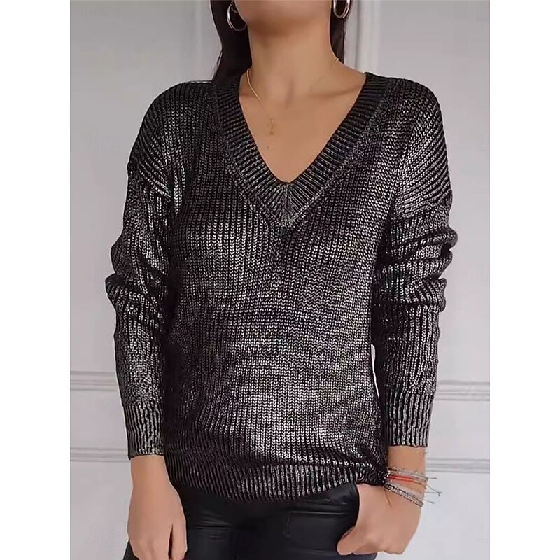 Women's Sweater Pullover Sweater Jumper Casual Soft Pure Color Ribbed V Neck Knitted Long Sleeve Regular Tops Knit Outdoor Daily Weekend Silver Black Fall Winter