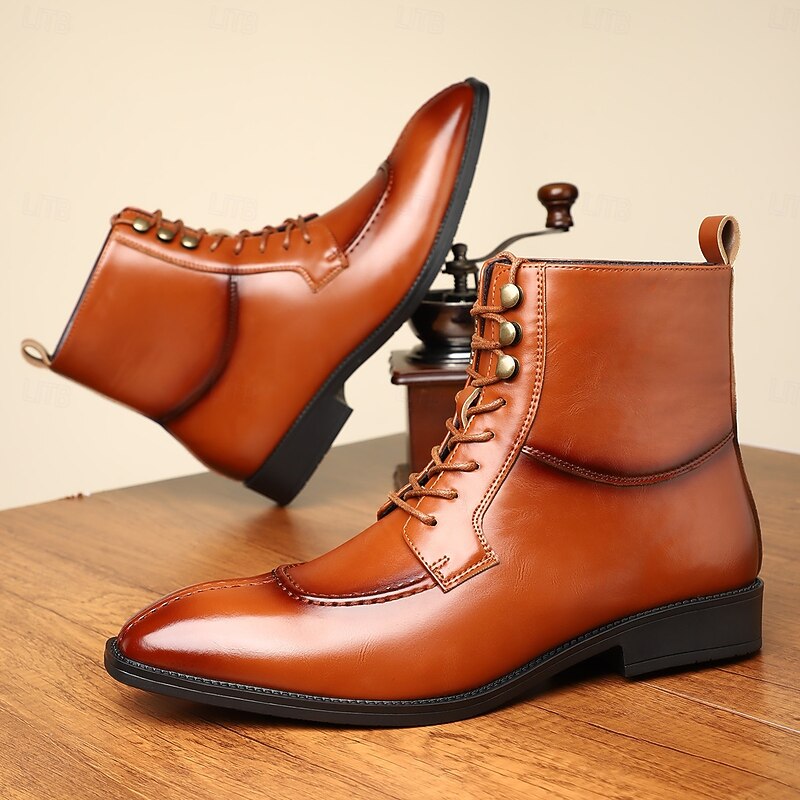 Men's Vintage Brown Faux Leather Ankle Boots - Classic Lace-Up Design with Polished Finish for Formal and Casual Wear2