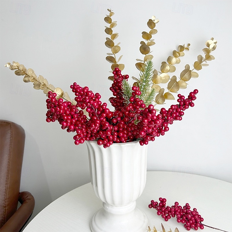 12Pcs New Year's Holly Wealth Red Fruit Simulation Fake Flower Christmas Decoration Bucket DIY Accessories Red Berry String3