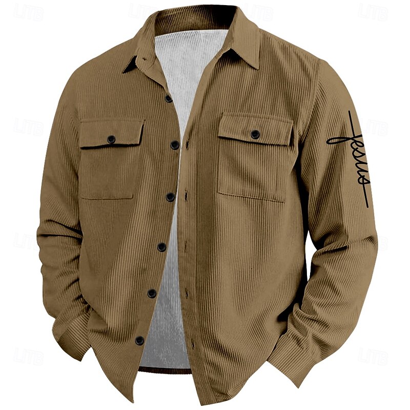 Men's Jesus Faith Corduroy Shirt Shirt Jacket Overshirt Long Sleeve Vintage Fashion Casual Outdoor Dailywear Holiday Fall & Winter Turndown Collared Shirts Buttons 3D Print 2 Pockets 1pc Black Blue