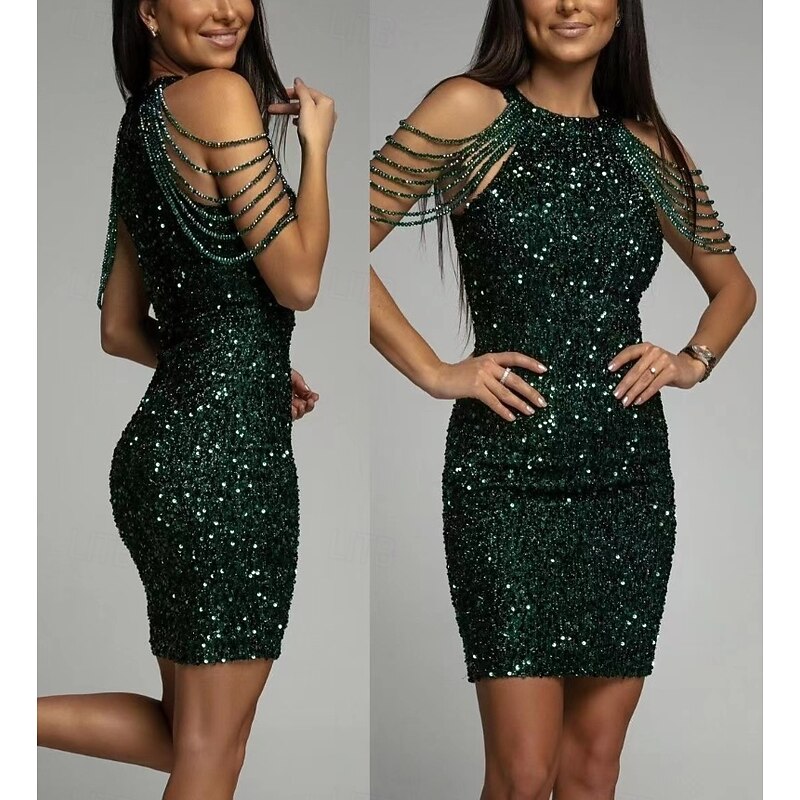 Women's Mini Dress Black Dress Sequin Dress Vintage Dress Cocktail Dress Elegant Casual Daily Holiday Regular Fit Plain Sleeveless Halter Neck Black Light Brown Green Fall Winter4