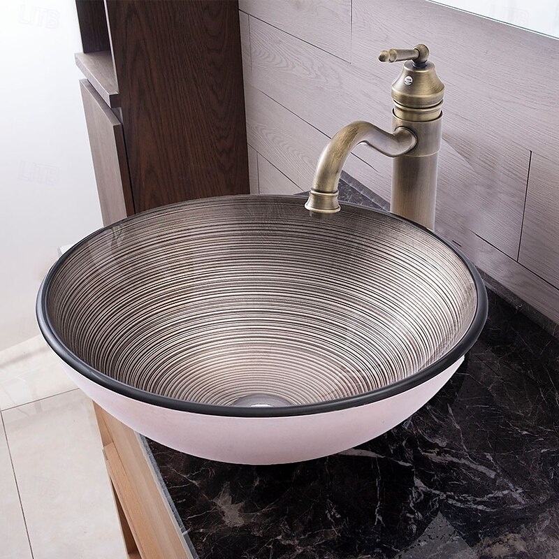 Vessle Sink Circular Stripe Design Basin Modern Tempered Glass Vessel Sink for Bathroom Bathroom Sink Set with Vintage Faucet
