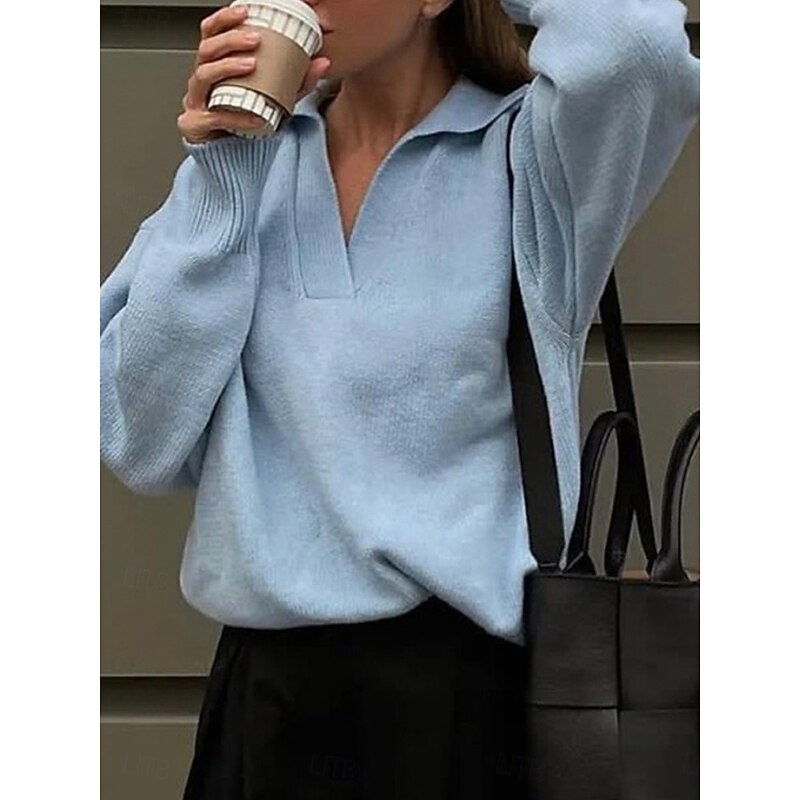 Women's Sweater Pullover Sweater Jumper Casual Soft Pure Color Ribbed Shirt Collar Knitted Long Sleeve Regular Tops Knit Outdoor Daily Weekend White Green Fall Winter