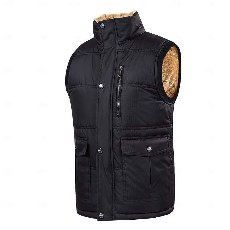 Men's Puffer Vest Fleece Vest Gilet Daily Date Vacation Fashion Casual Fall & Winter Pocket Polyester Warm Comfortable Solid Color Hidden Buttoned Front Stand Collar Regular Fit Black Blue Vest