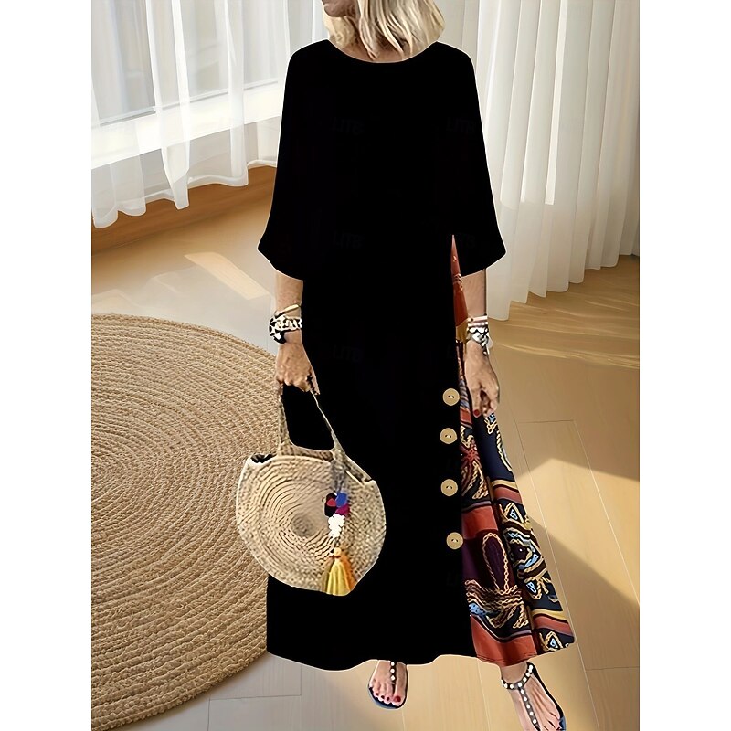 Women's Long Dress Maxi Dress Casual Dress Boho Dress Stylish Vacation Date Regular Fit Floral Crew Neck Black Red Fall2