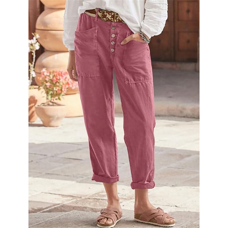 Women's Cotton Linen Pants Chinos Fashion Streetwear Full Length High Waist Plain Pocket Elastic Waistband Comfy Soft Comfortable Micro-elastic Outdoor Street Black Pink Green Gray Spring &  Fall2