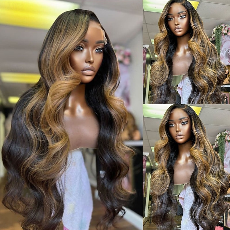 Remy Human Hair 13x4 Lace Front Wig Side Part Brazilian Hair Body Wave Multi-color Wig 130% 150% Density Ombre Hair Highlighted / Balayage Hair Glueless With Bleached Knots For Women Long Human Hair4